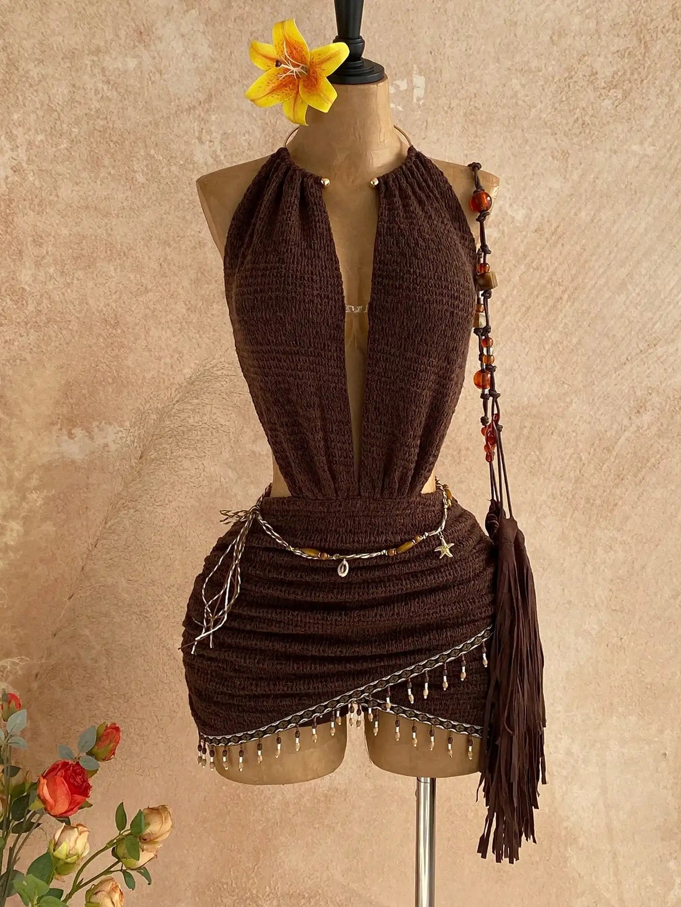 Boho Sun Print Halter Neck Mini Dress