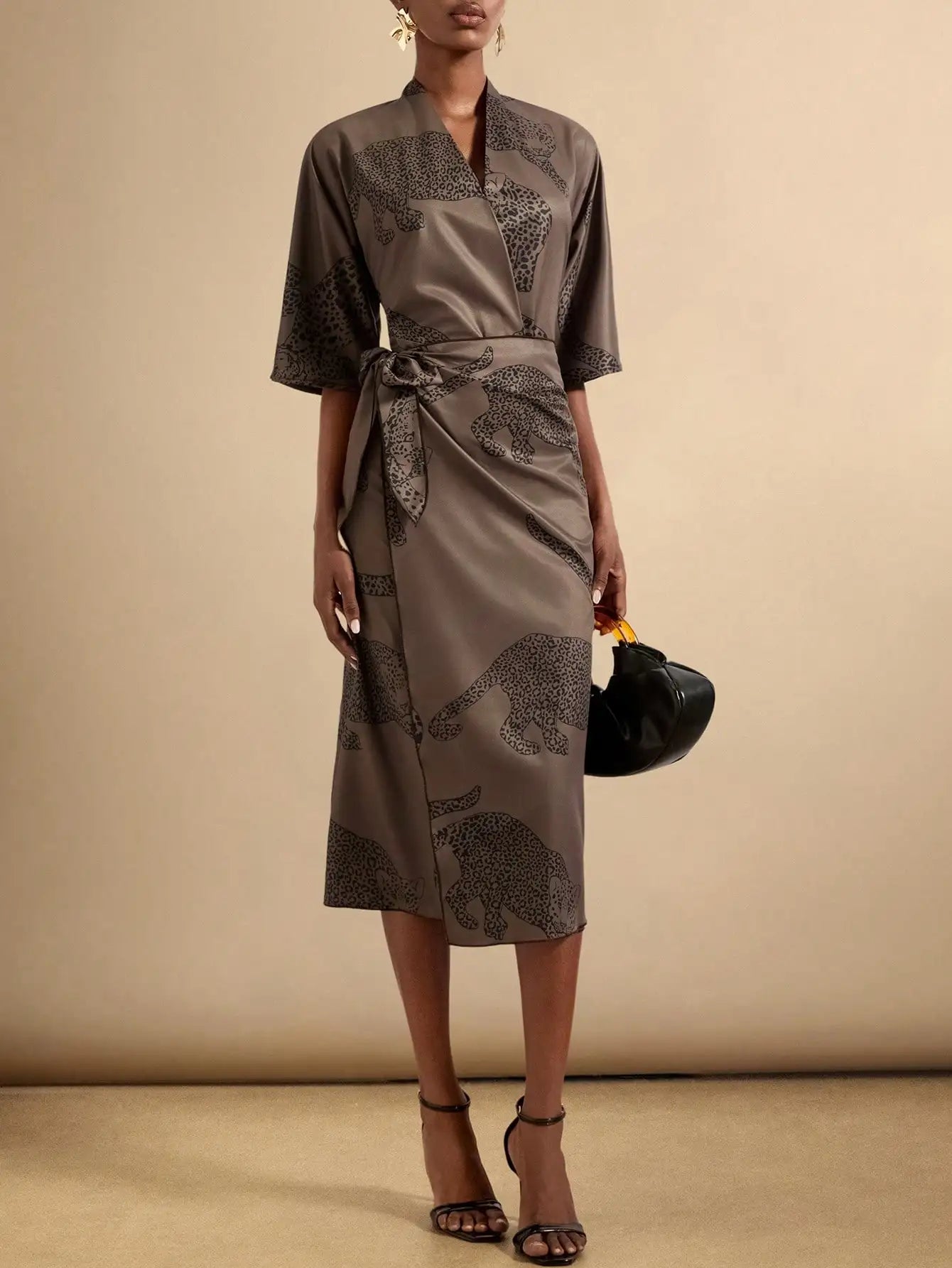 Women's V-Neck Leopard Print Long Sleeve Midi Dress