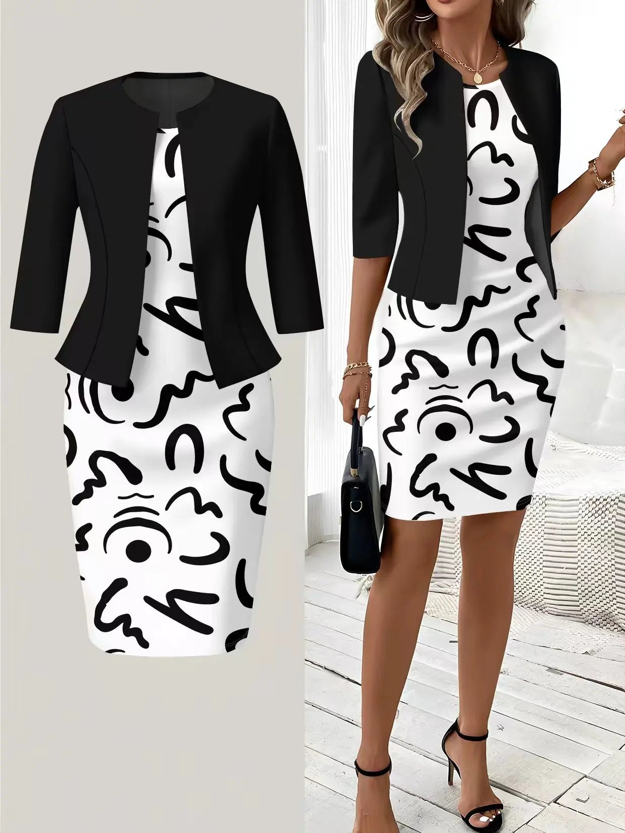 Black and White Curve Commuting Women's Suit Dress Set