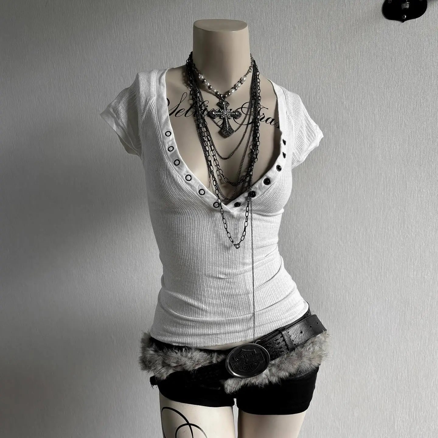 Crop Top Button Harajuku Solid Color V-Neck Slim Streetwear