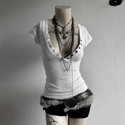 Crop Top Button Harajuku Solid Color V-Neck Slim Streetwear