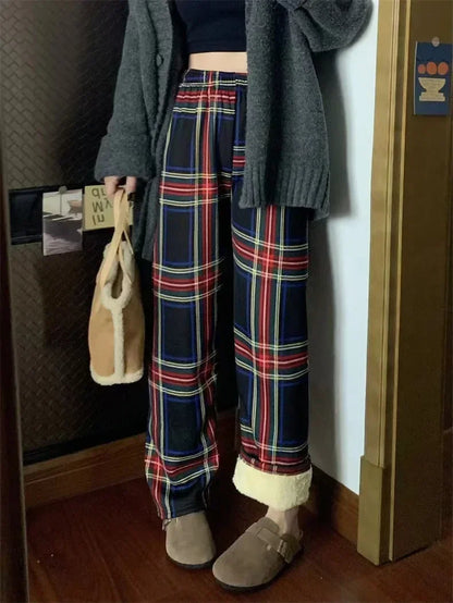 Fashion Warm Plush Pants Cashmere Thick Plaid Ladies Winter Casual