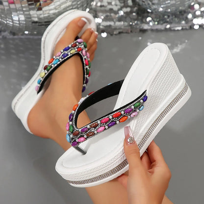 Women'S High Heel Wedge Sandals Platform Fashionable Flip Flops Decoration Rhinestones Popular Among Girls Bohemian Slippers