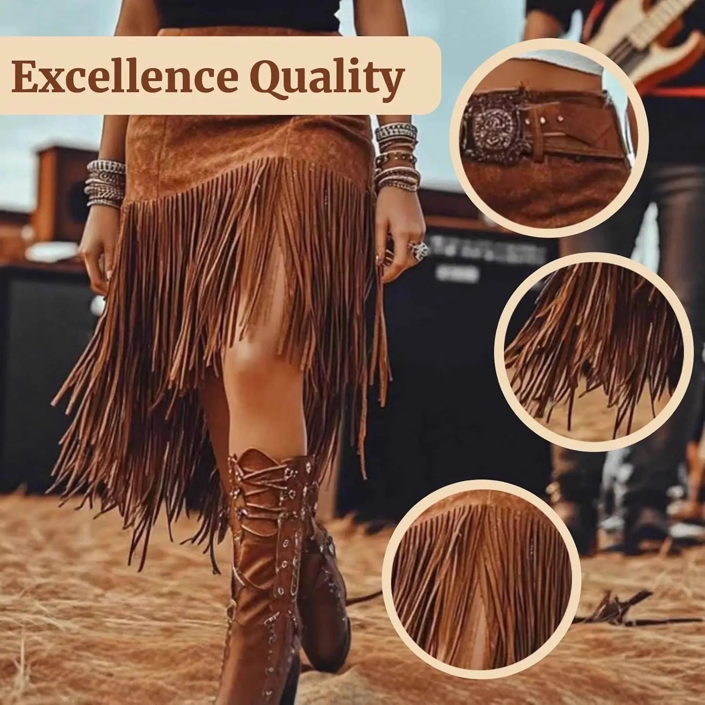 BWQ Women Fringe Skirts, Asymmetric Fringe Western