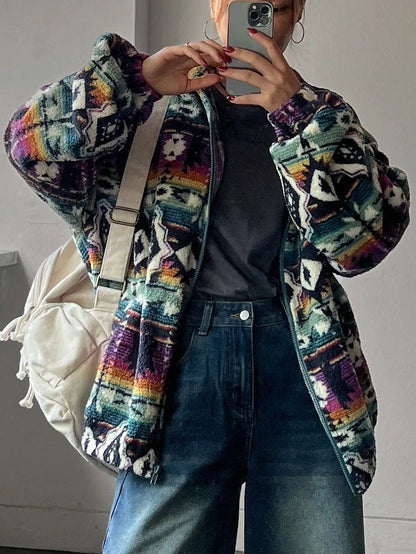 Boho Print Fuzzy Zip-Up Jacket for Women