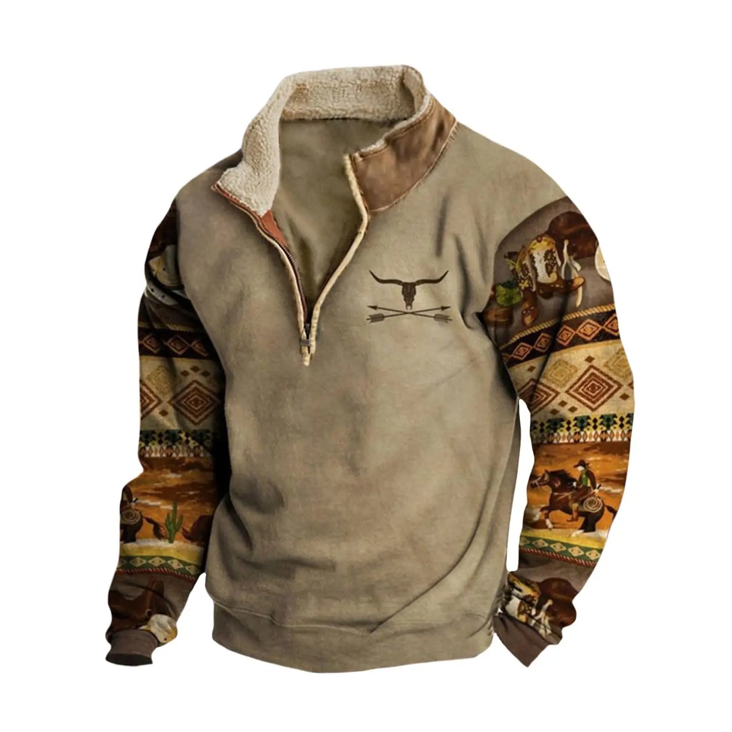 Aztec Cowboy Mens Hoodie Vintage Graphic Western Hoodies for Men Casual Long Sleeve Half Zip Pullover with Pocket Menswear Styli