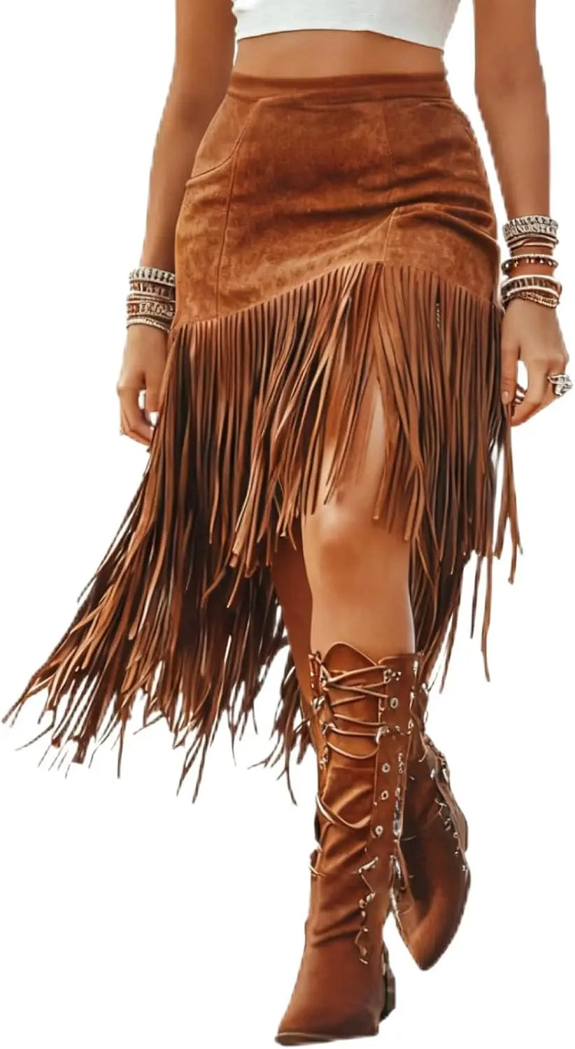 BWQ Women Fringe Skirts, Asymmetric Fringe Western