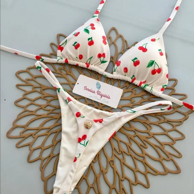 Print Sexy Bikini Sets Halter Lace-up Tops Thongs