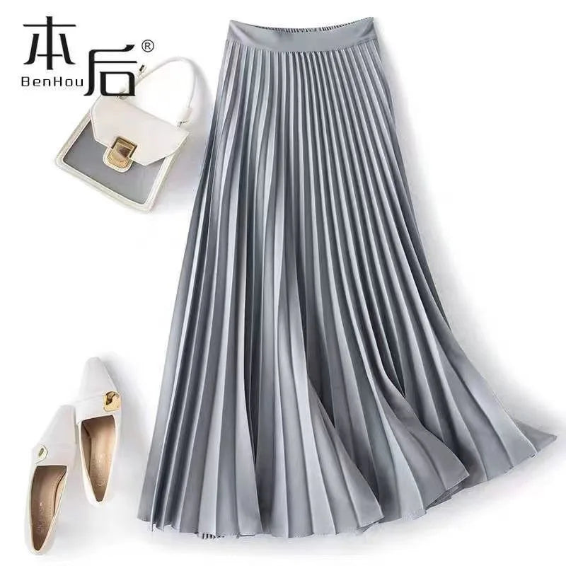 Women Vintage Midi Skirt  A-Line Skirt Summer Solid  Satin Long Skirts