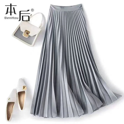 Women Vintage Midi Skirt  A-Line Skirt Summer Solid  Satin Long Skirts