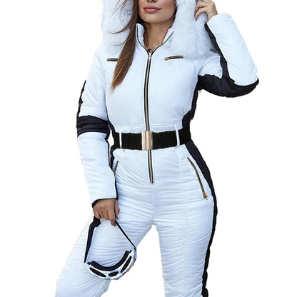 Women One-Piece Ski Suit Winter Snowboard Jumpsuit Waterproof Windproof Thicken Hooded Outdoor Sport Wear For Mountain Hiking