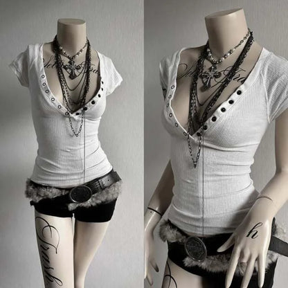 Crop Top Button Harajuku Solid Color V-Neck Slim Streetwear