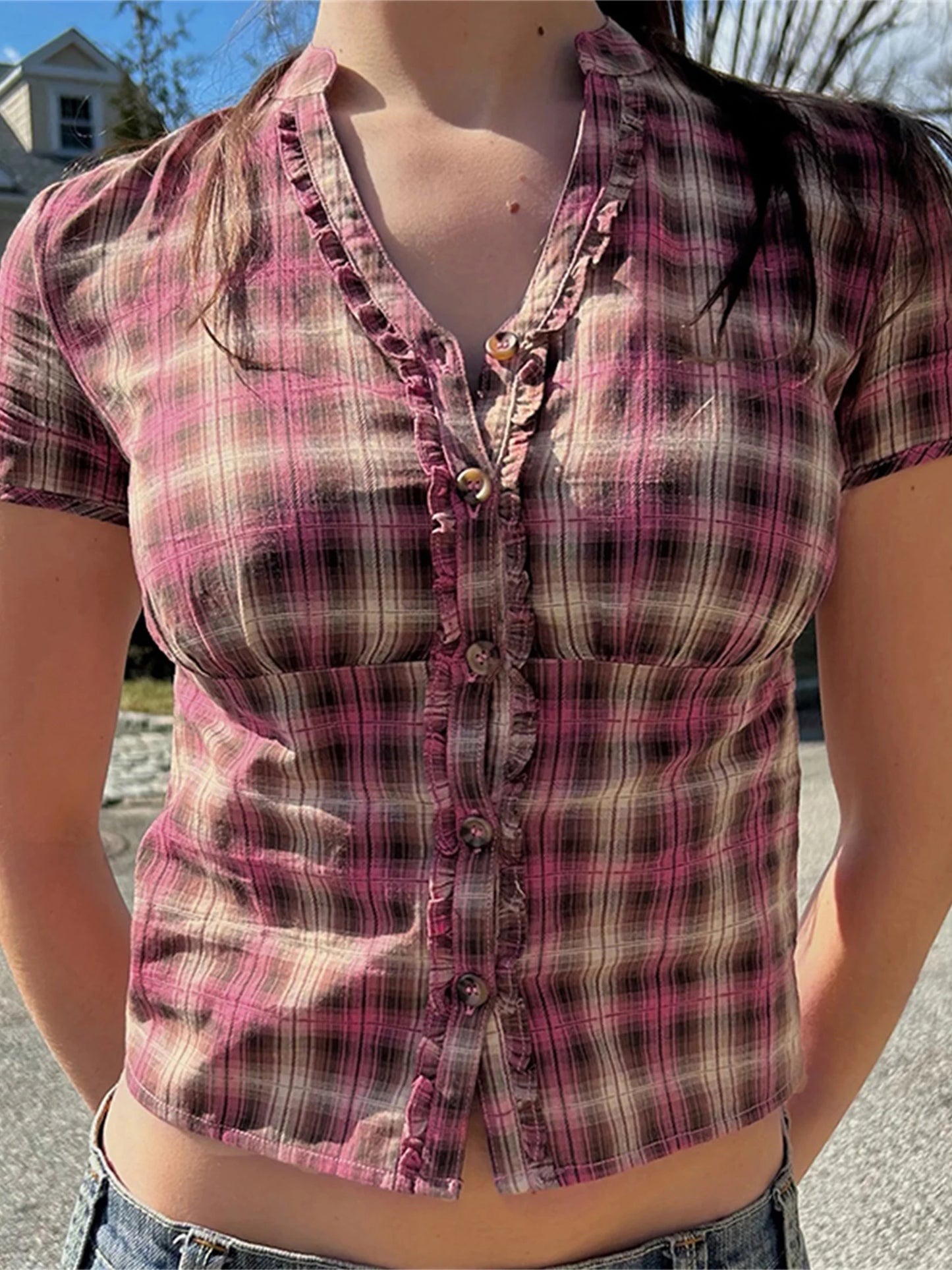 Plaid Print Shirts Short Sleeve V Neck