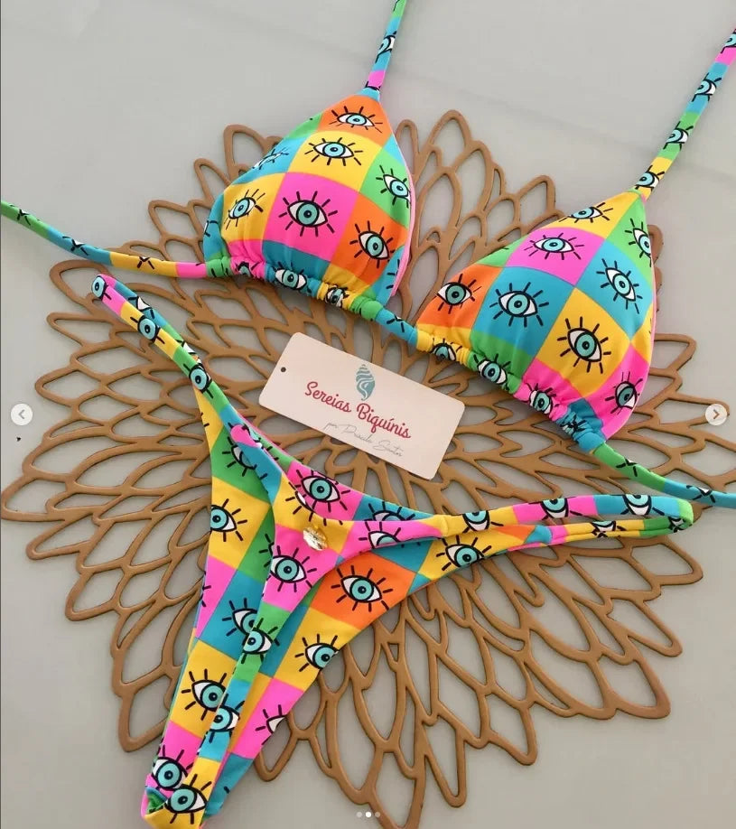 Print Sexy Bikini Sets Halter Lace-up Tops Thongs