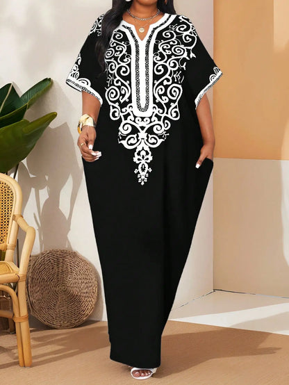 Women's White Kaftan Dress with Black Embroidery