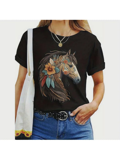 Women's Western Horse Graphic T-Shirt - Stylish Round Neck Tee with Vibrant Floral Horse Design,Perfect for Equestrians,Cowgirls