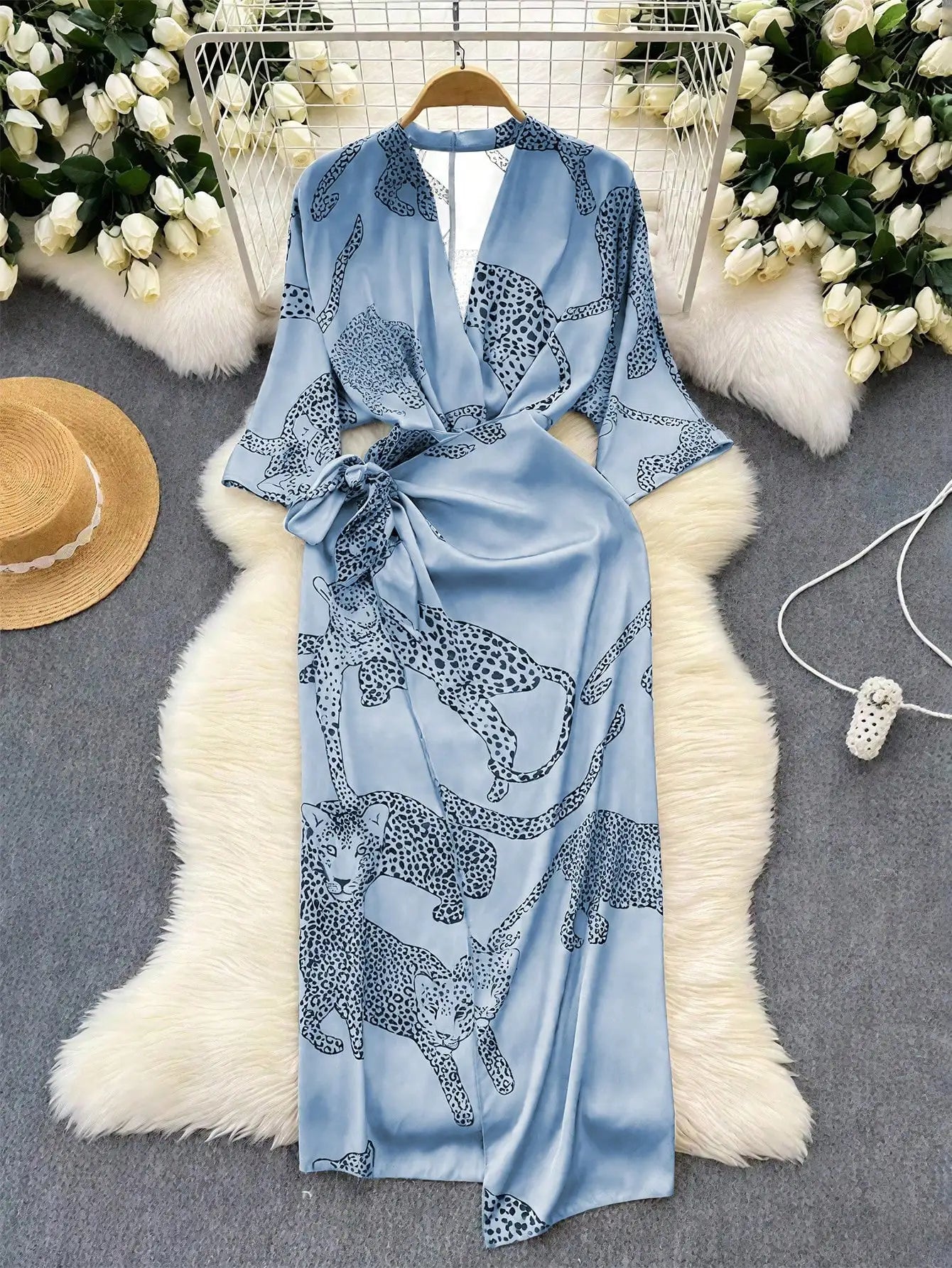 Women's V-Neck Leopard Print Long Sleeve Midi Dress