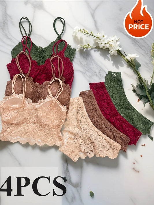 4pcs Women's Lace Breathable & Comfortable Stretchy Lingerie Set