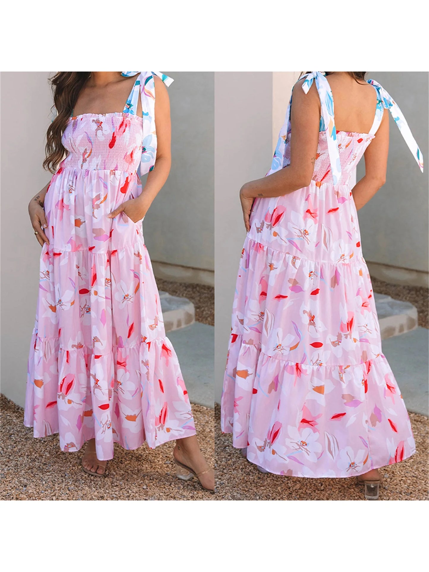 Women s Boho V-Neck Maxi Dress with Ruffle Hem