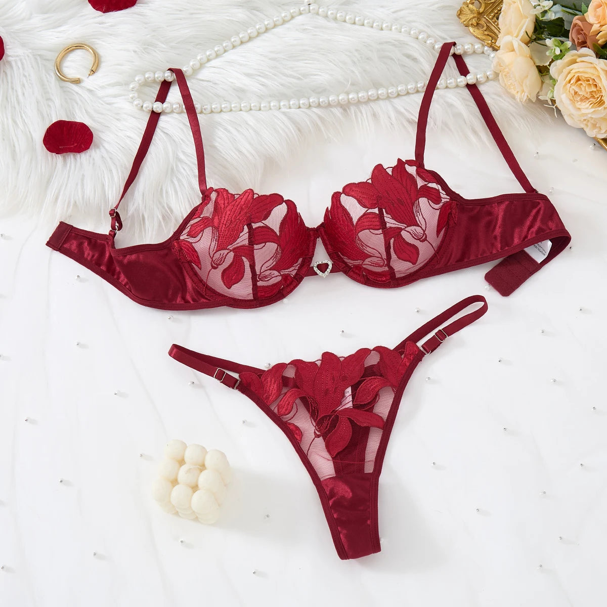 Embroidered Print Pajama Set Women, Sexy Bra