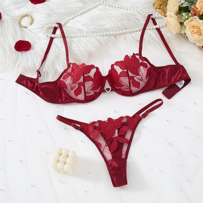 Embroidered Print Pajama Set Women, Sexy Bra