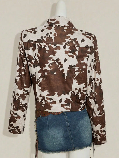 Women's Western Cow Print Zip-Up Jacket
