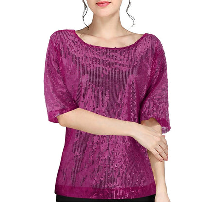 Women's Sequins T Shirts Solid Color Round Neck Shirts Short Sleeve Sparking Blouse Ladies Fashion Casual Party Nightclub Tops