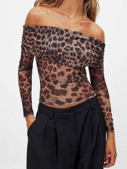 Women s Leopard Print Off Shoulder Mesh Top with Ruched Detailing and  Fit Long Sleeve Blouse