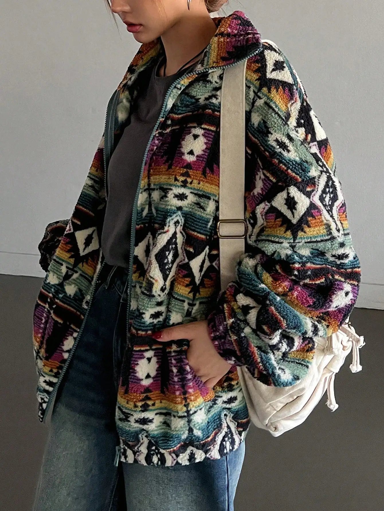 Boho Print Fuzzy Zip-Up Jacket for Women