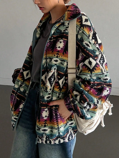 Boho Print Fuzzy Zip-Up Jacket for Women