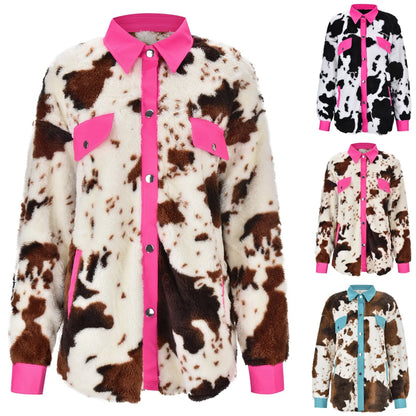 Winter Plush Coat For Women Patchwork Cow Stripe Printed Lapel Neck Full Zip Long Sleeve Casual Warm Coats Loose Jackets
