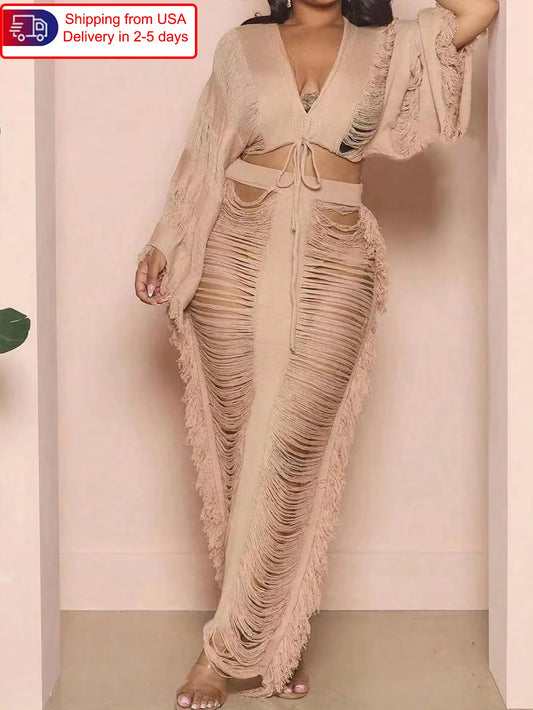 Dress 2025 Women's Fringed 2-piece Set Long-sleeved top with fringed cutout sexy and elegant party club suit dress