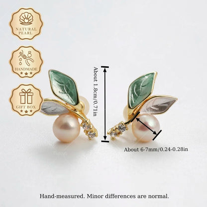 Pearl Leaf Stud Earrings 6-7mm Golden