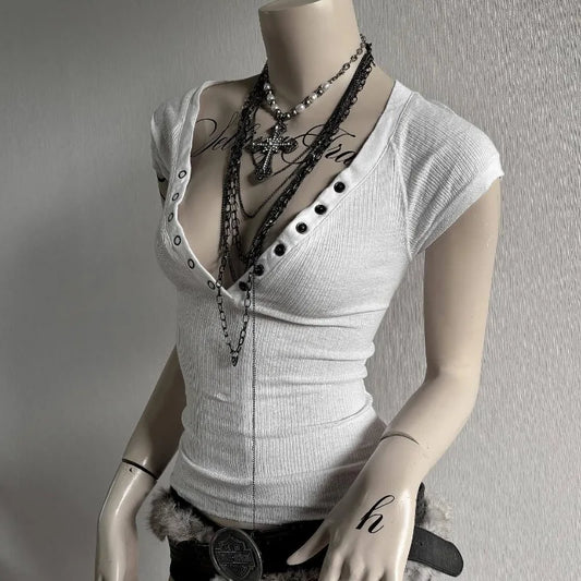 Crop Top Button Harajuku Solid Color V-Neck Slim Streetwear