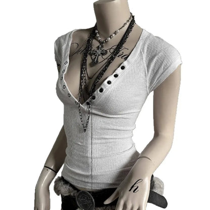 Crop Top Button Harajuku Solid Color V-Neck Slim Streetwear