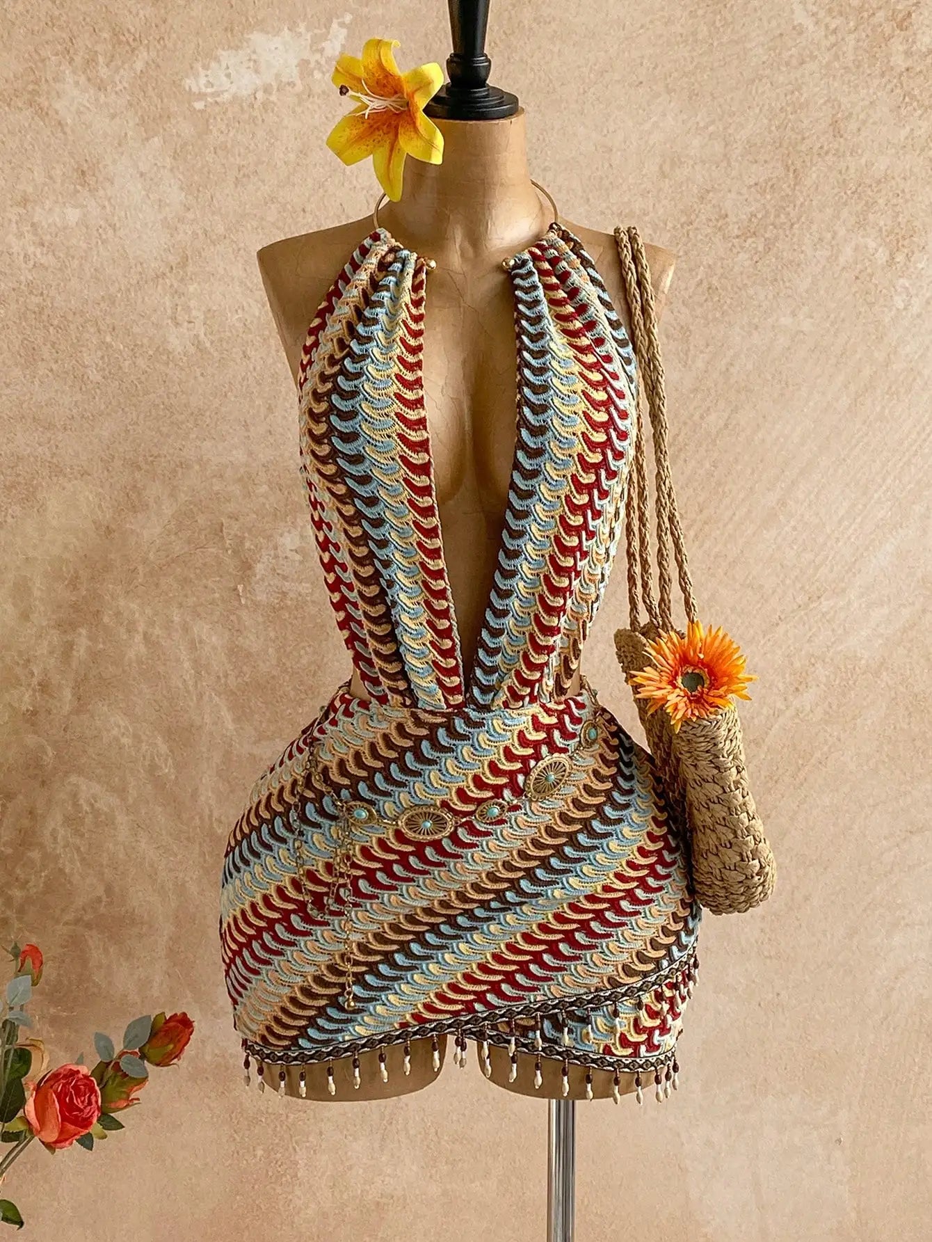 Boho Sun Print Halter Neck Mini Dress