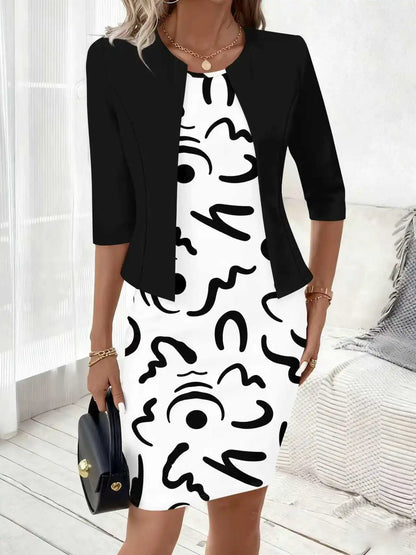 Black and White Curve Commuting Women's Suit Dress Set