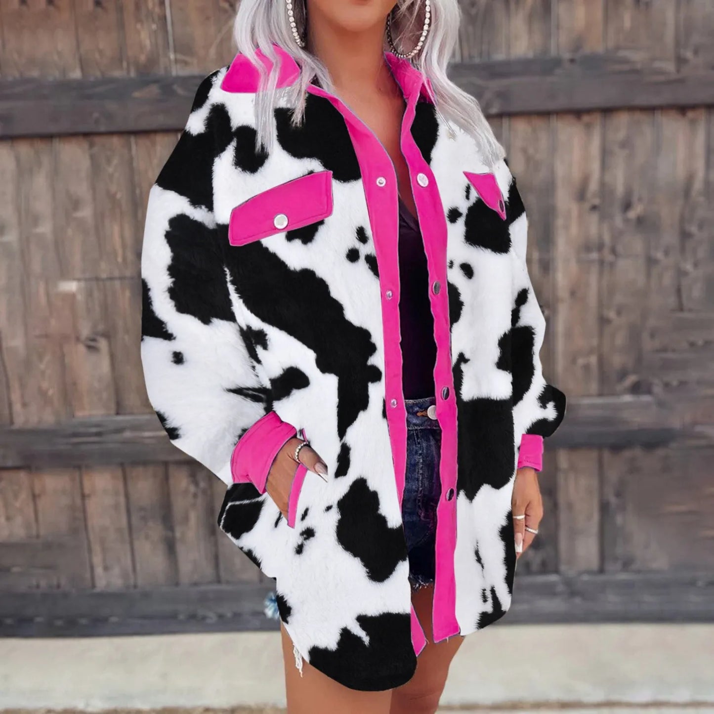 Winter Plush Coat For Women Patchwork Cow Stripe Printed Lapel Neck Full Zip Long Sleeve Casual Warm Coats Loose Jackets