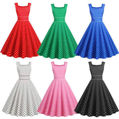 Women Vintage 1950s Retro Dress Sleeveless Dot Print Square Neck Waist In A-Line Evening Party Dress Gown Prom Swing Dresses
