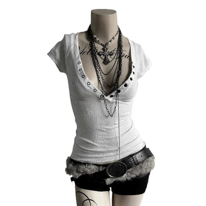 Crop Top Button Harajuku Solid Color V-Neck Slim Streetwear