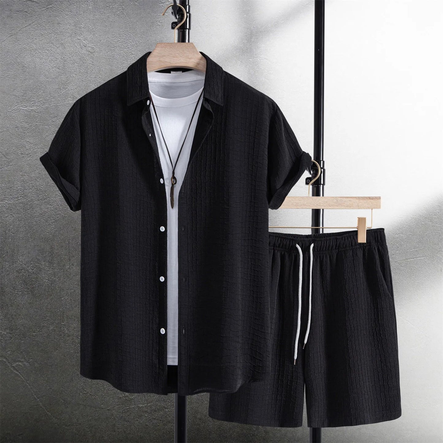 Men Casual Waffle Shirt Suit Two Piece Solid