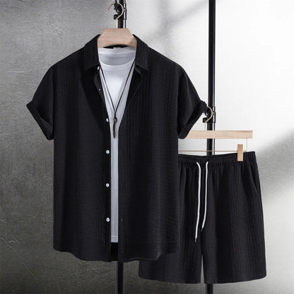 Men Casual Waffle Shirt Suit Two Piece Solid