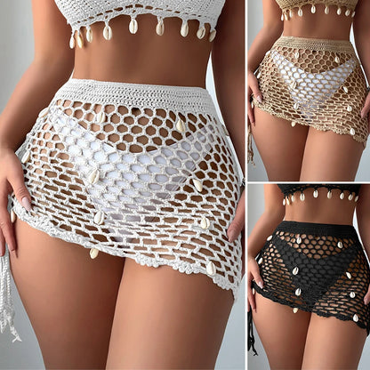 Women Hollow Out Crochet Cover Up Swimwear Triangle Shawl Wrap Scarf Sarong Fishnet Skirt With Shells Sequin Women'S Swimsuit