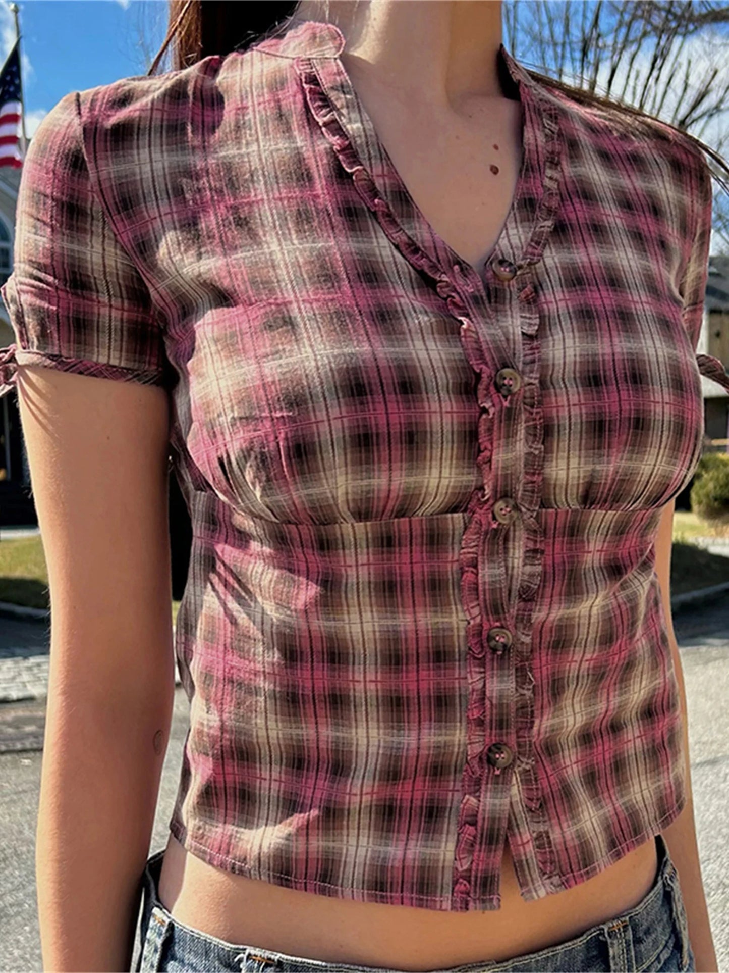 Plaid Print Shirts Short Sleeve V Neck