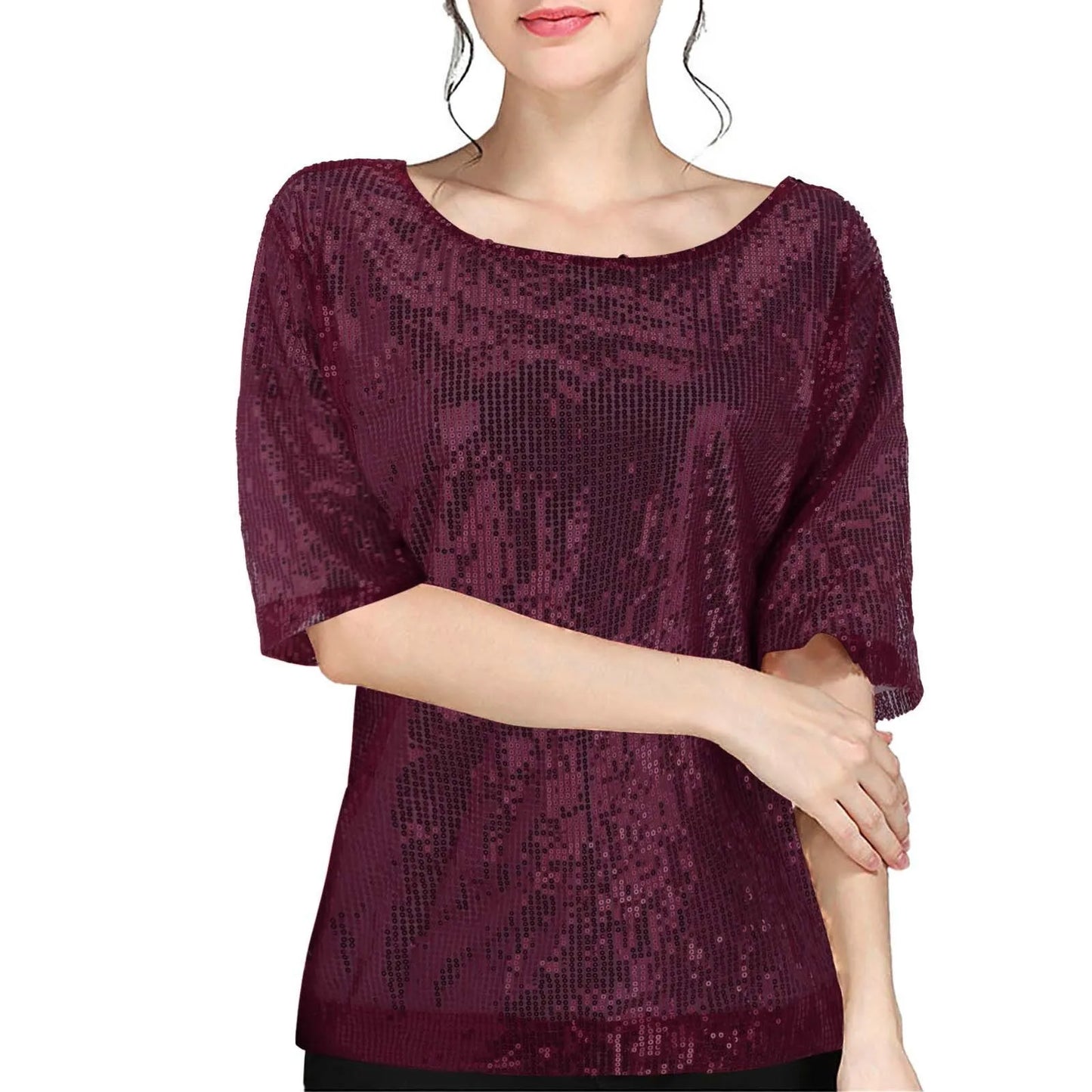 Women's Sequins T Shirts Solid Color Round Neck Shirts Short Sleeve Sparking Blouse Ladies Fashion Casual Party Nightclub Tops
