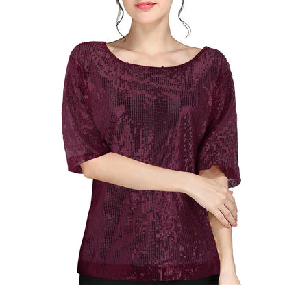 Women's Sequins T Shirts Solid Color Round Neck Shirts Short Sleeve Sparking Blouse Ladies Fashion Casual Party Nightclub Tops