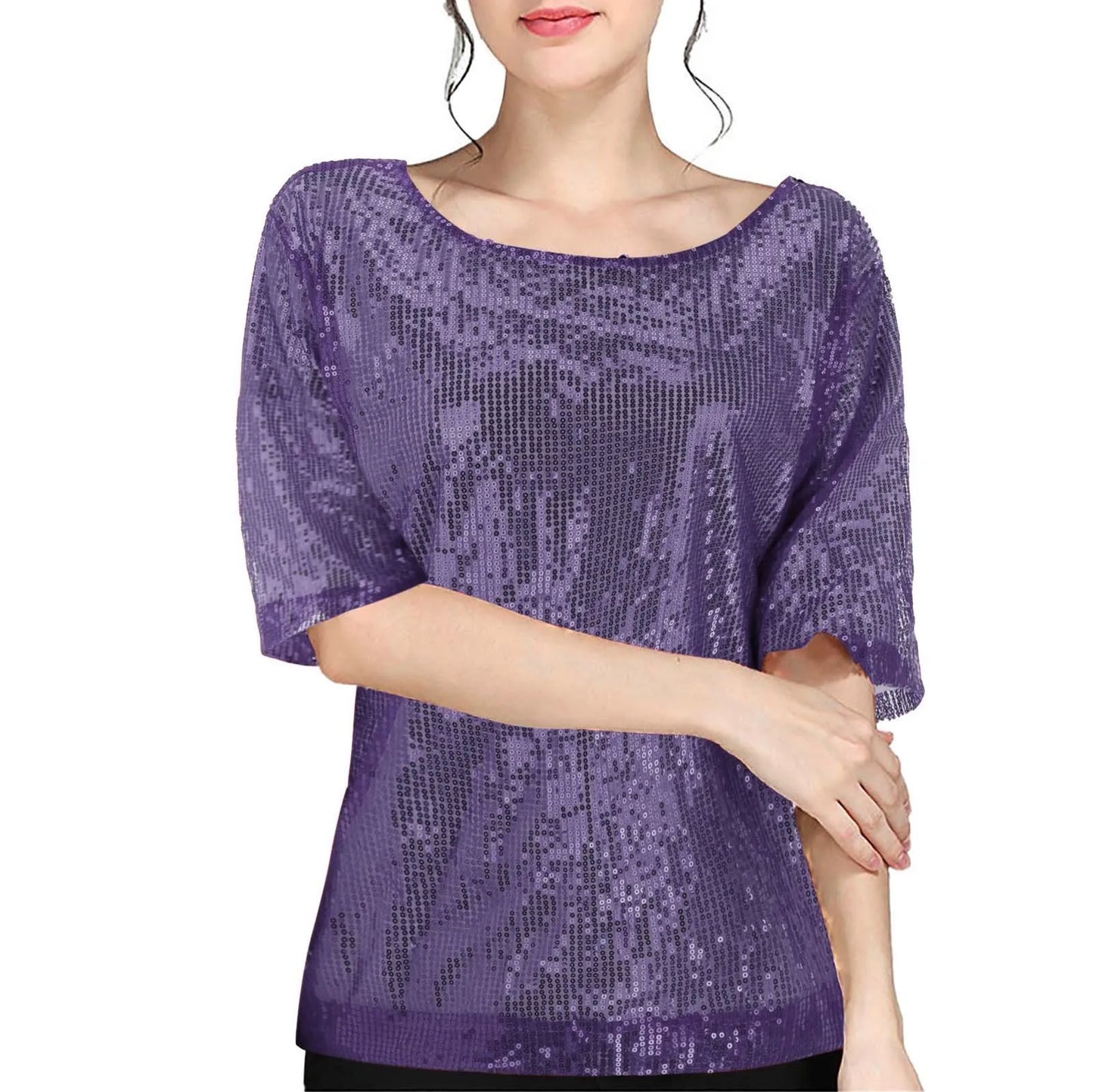 Women's Sequins T Shirts Solid Color Round Neck Shirts Short Sleeve Sparking Blouse Ladies Fashion Casual Party Nightclub Tops