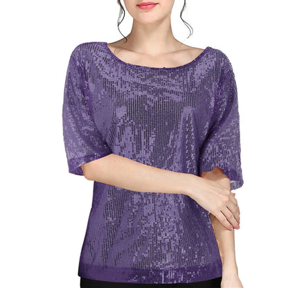 Women's Sequins T Shirts Solid Color Round Neck Shirts Short Sleeve Sparking Blouse Ladies Fashion Casual Party Nightclub Tops