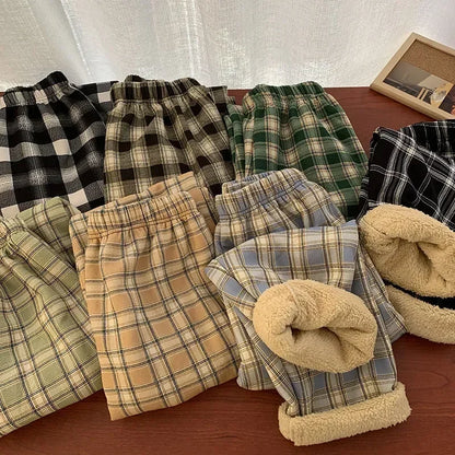 Fashion Warm Plush Pants Cashmere Thick Plaid Ladies Winter Casual