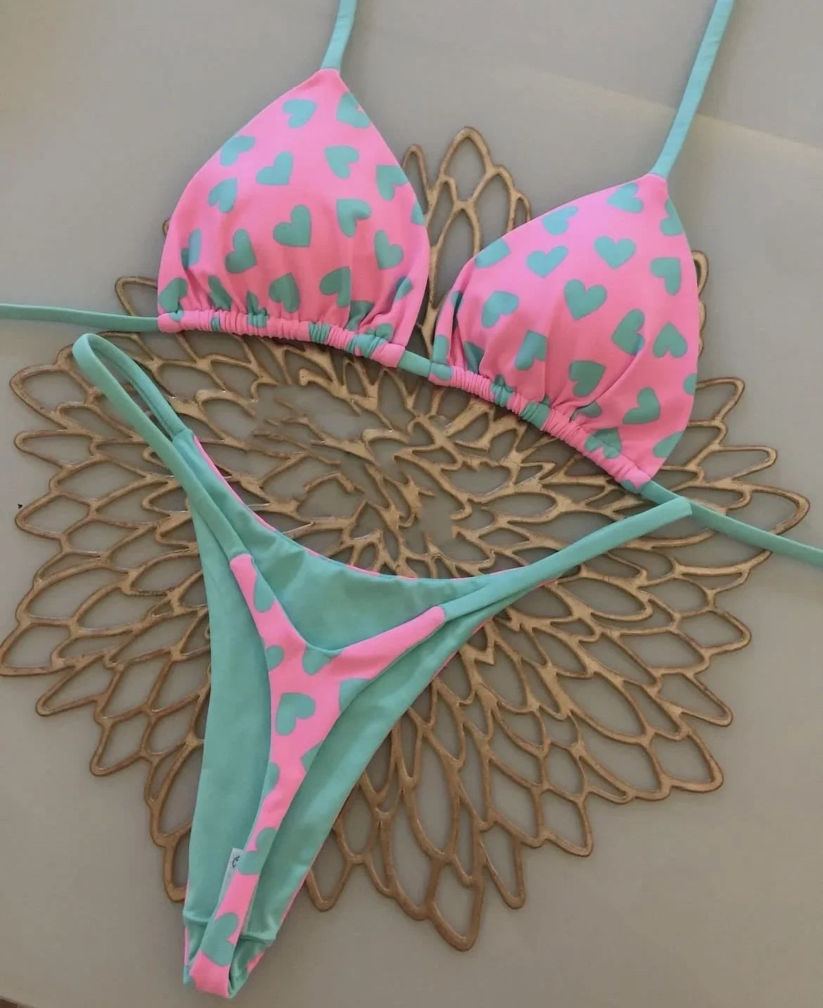 Print Sexy Bikini Sets Halter Lace-up Tops Thongs